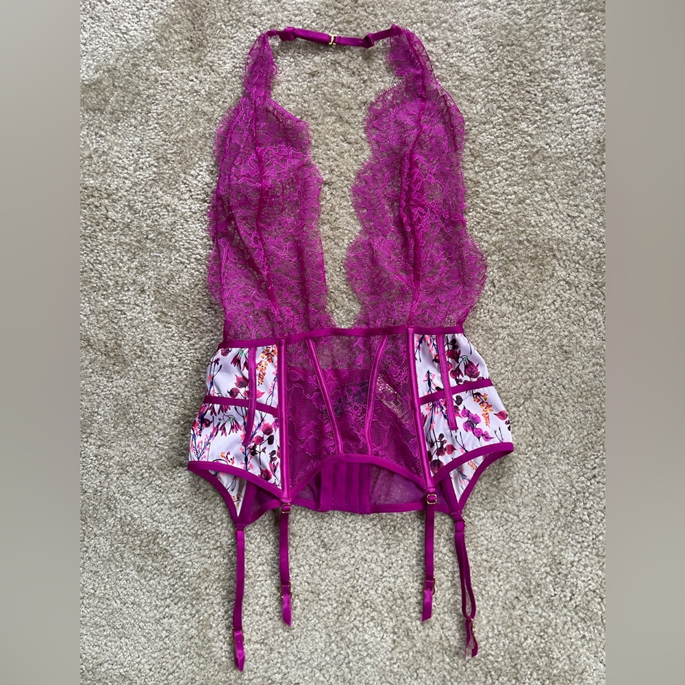 Victoria's Secret Magenta Floral Lace Halter Garter